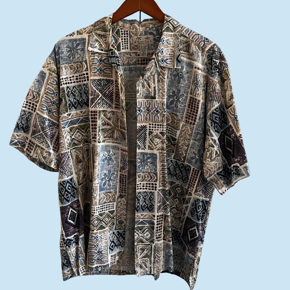 Kona Kai‎ Shirt Mens Extra Large Hawaiian Aloha Hut All Over Print Button Up